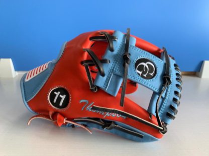 custom handcrafted leather glove in blue and red